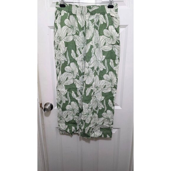 Tahari Women's Green & White Floral Print 100% Linen Pants Size L Elastic Waistb - Picture 2 of 6